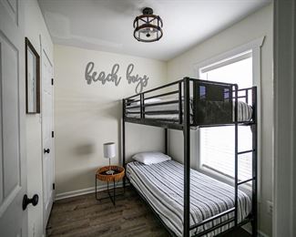 Urban chic bunk bed set; Steampunk light fixture; accent table & table lamp