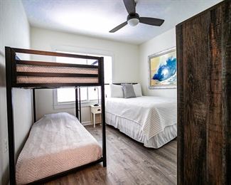 Contemporary bunk bed set; twin bed; contemporary ceiling fan with light