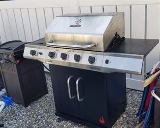 Char-Broil gas grill; patio trash can