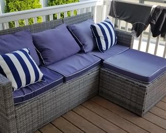 Patio conversation set with blue & white cushions