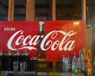 Large vintage metal and enamel Coca Cola Sign and vintage soda fountain items