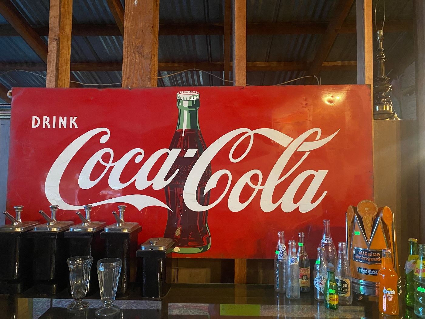 Large vintage metal and enamel Coca Cola Sign and vintage soda fountain items