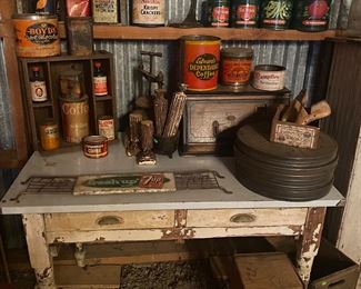 Antique Farm Table with removable tin top. Vintage tins