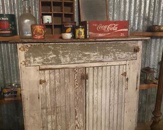 Antique farm hutch, Vintage Coca Cola bottle crate