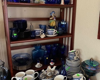 Vintage blue glass and blue willow china