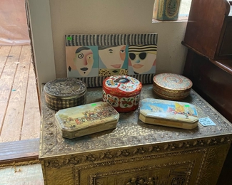 Antique Brass trunk, Vintage tins, Vintage tile art