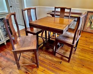 Antique Mahjong table with four yoke-back chairs Chinese Scholars chairs 32” square $1,500.00