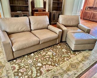 Taupe leather chair-and-a-half with ottoman Plus sofa $1,500 FOR BOTH PIECES!! sofa 74” chair 44”