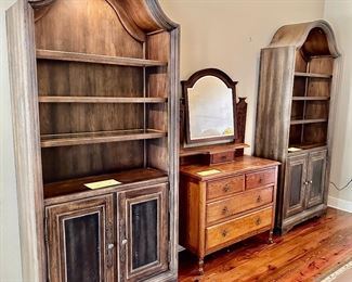Bookcases with lighting by Hooker Furniture (we have TWO available). Pleasanton Bunching, Hill Country Collection $1,000 EACH (msrp $5,741.00) 40”W x 16”D x 90”H *** OAK DRESSER HAS SOLD***