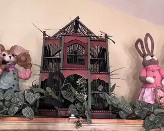 Large straw and ceramic rabbit figurines and bird house