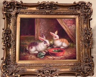 Rabbit paintings in gilded wood frames