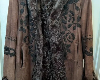 Embroidered suede coat with faux fur lining