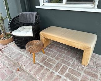 Leather bench, wicker chair