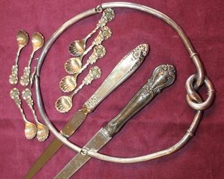 sterling choker; eight salt spoons; two silver-handle letter openers