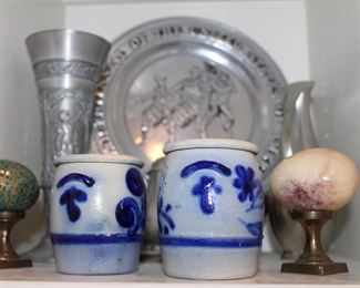 German salt-glazed rumtoph cups; pewter; agate eggs