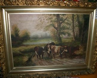 Large, framed painting of cows