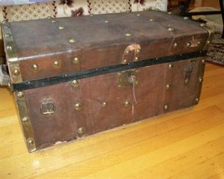 Leather traveling trunk 15.5 X 27.5 X 14.5 tall