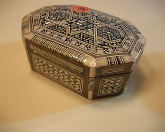 inlaid box mother-of-pearl, bone and black with hinged lid 