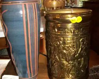Pottery and brass umbrella stands