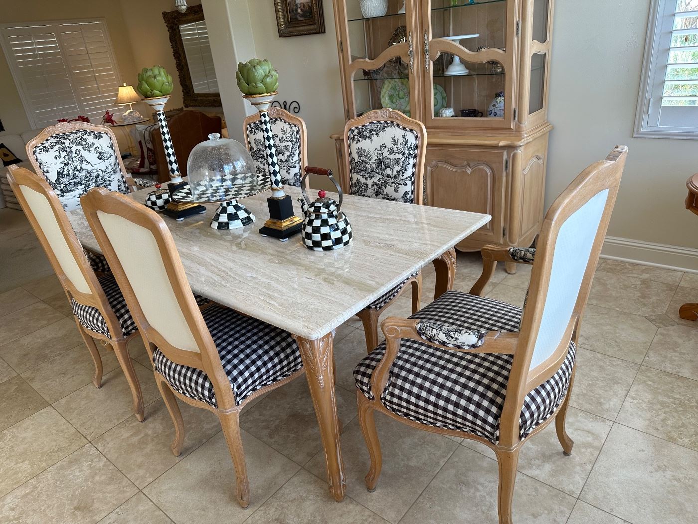 Love it! Matches the Ethan Allen buffet , table top measures 37 x 73 inches, set is by Fremarc, custom upholstered