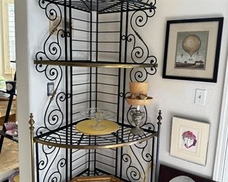 Large corner bakers rack 84 inches tall, 28 inches from each corner, 40 inch front span,  quality brass details, offered on first dibs at $2600.00 but you know  we know that’s just so wrong