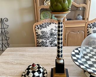 Mackenzie Childs table decor, covered dish, pair of tall candle holders are 20 inches tall, base is 5.5 inches square, holding faux artichokes 