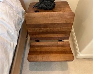 School desk made into night stand shown with seat pulled down to use for putting your slippers on is 18 inches across, 20 to 24 deep, and 23/24 tall