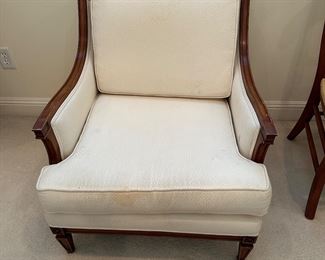 Upholstered arm chair needs cleaning and a bit of tlc as one arm slightly loose, 29 wide by 31 inches deep