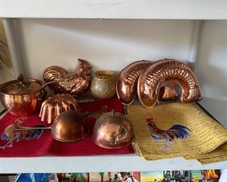 Copper molds, pots, colanders, covers, placemats, 