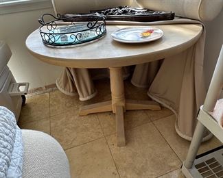 Round Table with cover that goes to the floor, with fat padded hem, needs a touch of sewing on hem, table is 42” diameter and 30.5 high