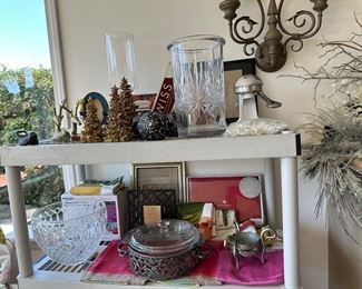 Huge hurricane candle holder or vase, large crystal bowl, manual juicer 