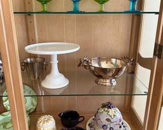 Glass art sherbets, cake plate and covered servers