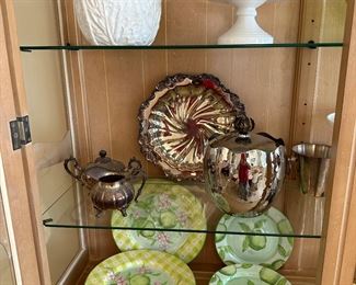 Cake stand, cabbage art bowl, deluxe chrome ice bucket with scoop inside, green pear plates