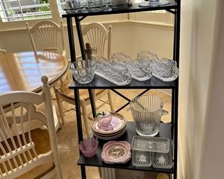Glass flatware holders, sweet small covered bowls, servers, etc.