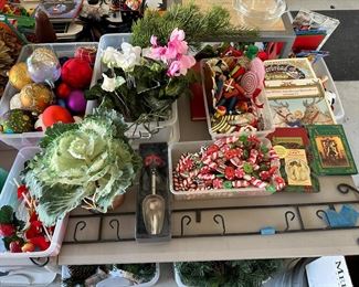 Christmas childrens books, wide wall rack for plates or?  Ladybug scoop, ornaments, etc.