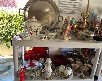 Christmas dishes set for eight, red glass goblets, dessert plates, decanter, silver plate goblets, Christmas servers and upscale decor