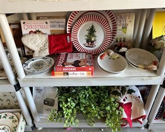 Olive label design  serving platter and four plates set, enamel on metal large round platters, very good faux greens,  annual battery charger, deluxe Christmas tree skirt, set four oval lobster plates