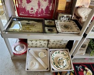 New in box Mikasa Christmas plate with cup and saucer set China, six complete boxes, glass platter worlds best cupcakes with small glass plates in two designs