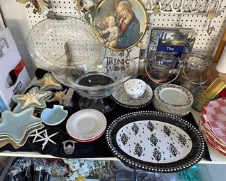 Starfish dishes in seafoam blue, crate and barrel punch bowl was still in box, assorted servers and dishes, metal laundry sign wall hooks, garage light tubes, 