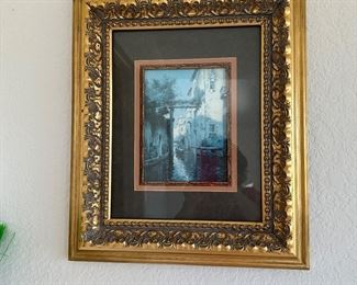 So hard to get decent pics of pics, but you can see the frame is ornate gold, print of Venice, 16.5 x 19.5”