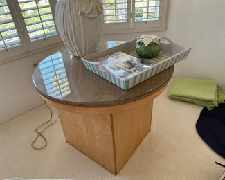 Table you can cover with round cloth and still have glass top for protection is 30 inch diameter, white lamp with wrapped design is 28 inches tall, tray and covered pottery box