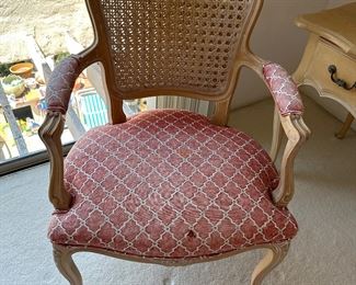 Single arm chair used at the writing desk, but the sun has faded the upholstery- great idea to use fabric paint on this one, because the bones are worth it!   25 wide by 22” deep
