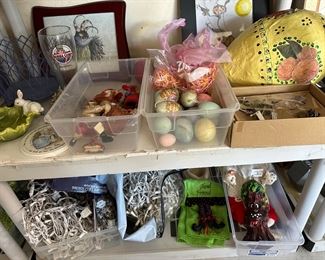 White light holiday strands, Christopher Radko ornaments, Easter decor, shell drawer door hardware