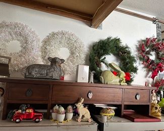 Over four feet wide riser, desk top for console table or? Well made solid wood, Easter decor and more, wreaths all around