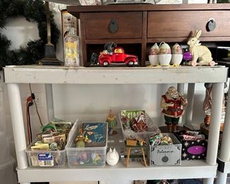 bin full of heirloom seeds, deluxe Christmas ornaments, Easter decor, more