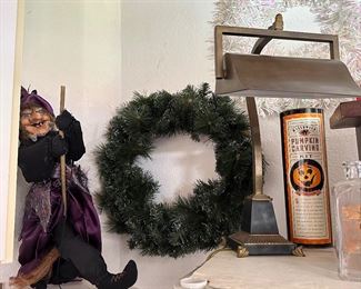 Nice desk lamp, brass and black, adjustable shade, large hanging witch, 