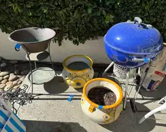 Kettle style Weber charcoal grill, ice bucket or planter, plant pots, extra tall wrought iron yard stakes with dual hooks laying down