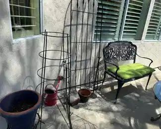 Garden lovelies, blue pot on metal stand is 15 inch  with design, loveseat is 41 wide and 19 inches deep, metal arch is 24 wide by 69 inches tall