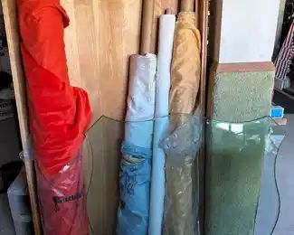 Orange velveteen and lots of it, designer fabrics, almost one inch thick deluxe glass scalloped edge table top is 36 inches square, custom made wall insert or cabinet but didn’t get to the shelves part so maybe you reinvent? 