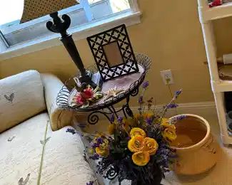 Still measuring! Metal side table with woven top, huge metal urn, etc.